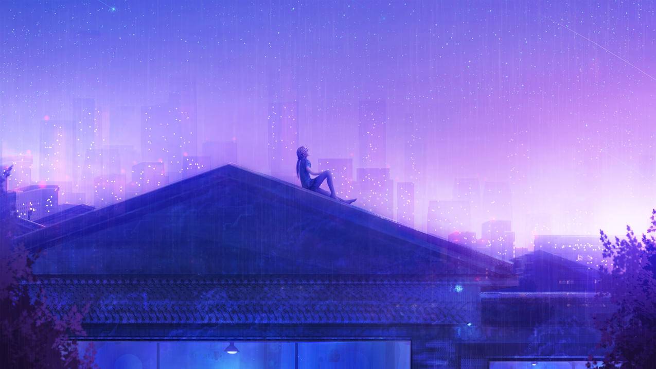 少女,梦想,屋顶,数星星,紫色,心情,女孩,4k动漫风景壁纸