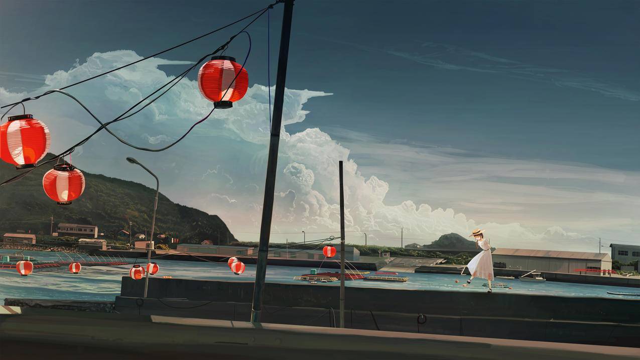 少女,聆听夏日,黄昏,插画,4k动漫风景壁纸