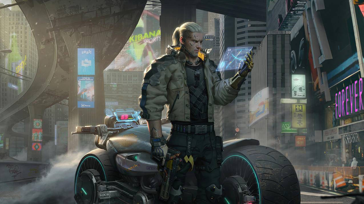 《赛博朋克2077Cyberpunk,2077》机车,光屏,枪,城市,4K高清壁纸