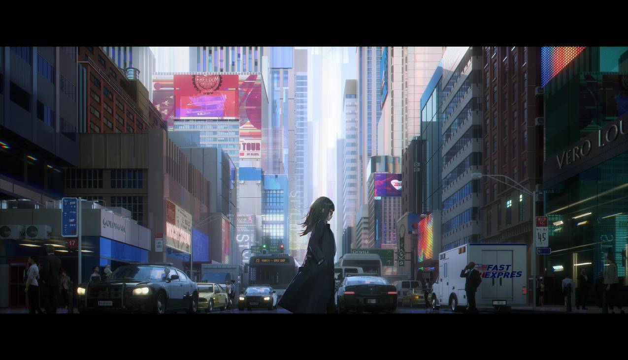 女孩,风衣,城市,高楼建筑,汽车,风景,4K动漫壁纸