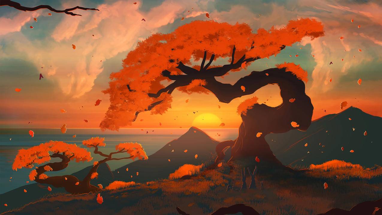 秋天,树叶,夕阳,大海,唯美风景,4k超清壁纸