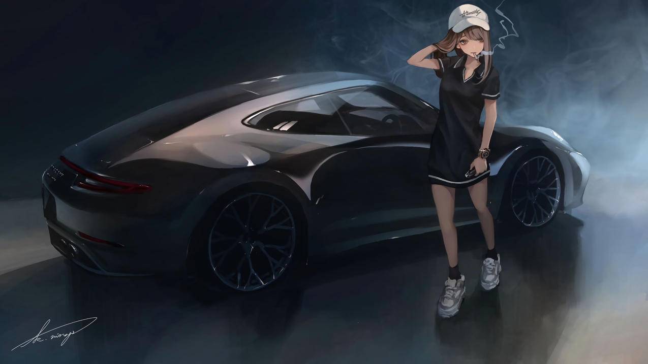 女生,跑车,4K高清动漫壁纸