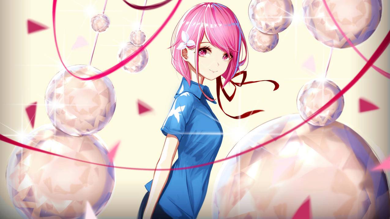 粉色头发,蓝色衬衫,动漫女生,4k二次元高清壁纸