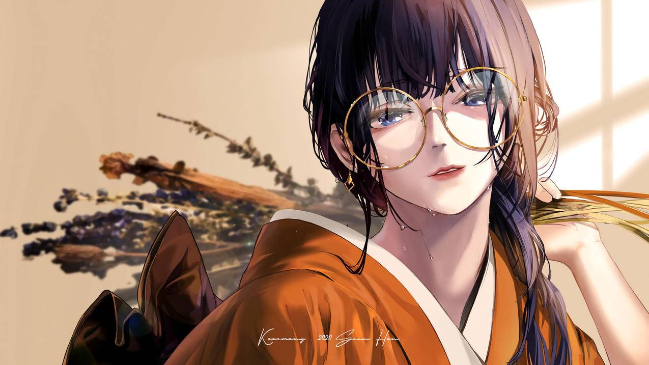 和服,眼镜,阳光,精明,女孩,4K高清动漫壁纸