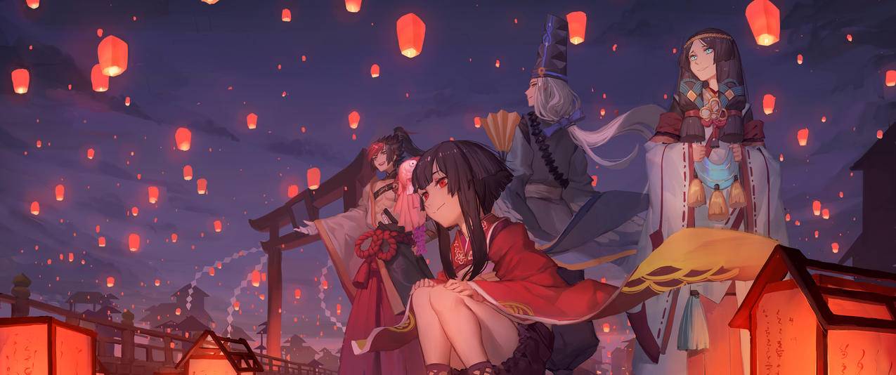 阴阳师,小姑娘,小孩,同人画,孔明灯,3440x1440壁纸