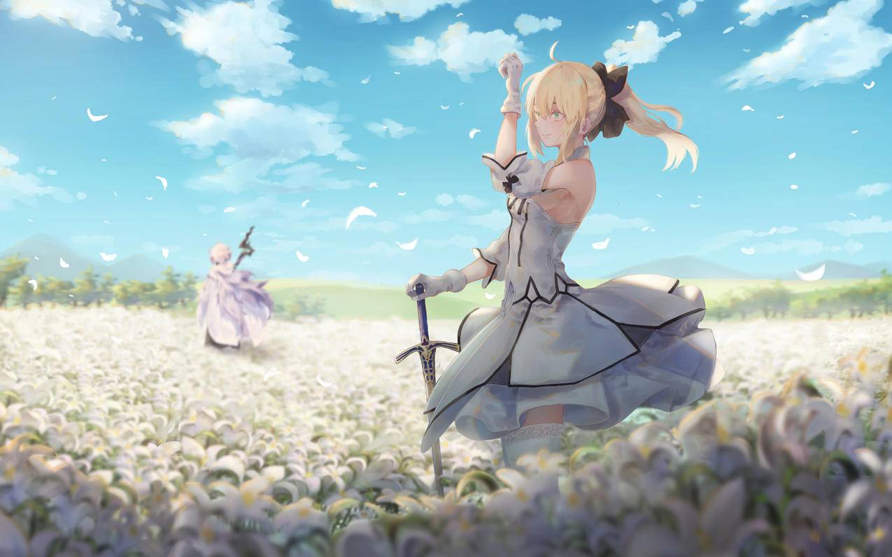 《Fate》花海,花瓣,女孩,天空,唯美,4K高清动漫壁纸