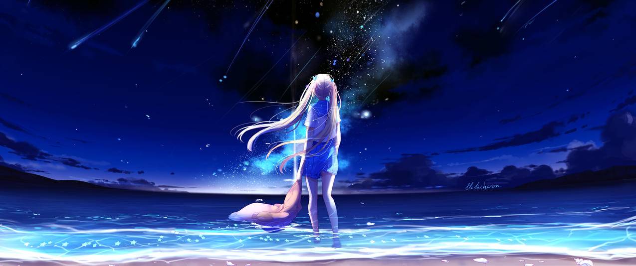 大海,星空,女孩,3440x1440唯美壁纸