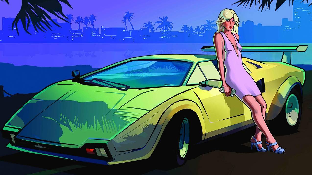 《侠盗猎车手Grand,Theft,Auto》黄绿车,女人,城市,4K高清壁纸