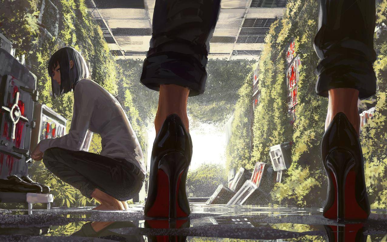 两个女孩,蹲着,高跟鞋,绘画4K动漫壁纸