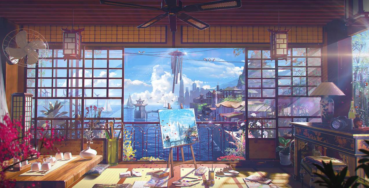 海,天空,船,风铃,房间,风扇,画板,阳光,唯美,4K高清动漫壁纸