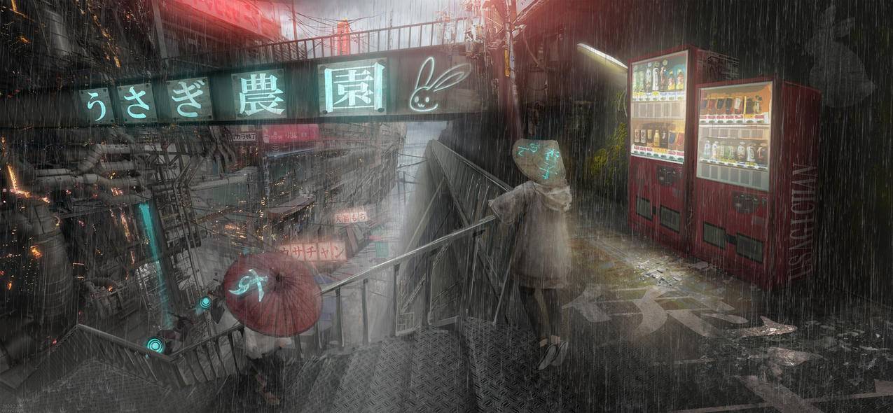 零售饮料机,下雨,伞,孩子,4K高清动漫壁纸