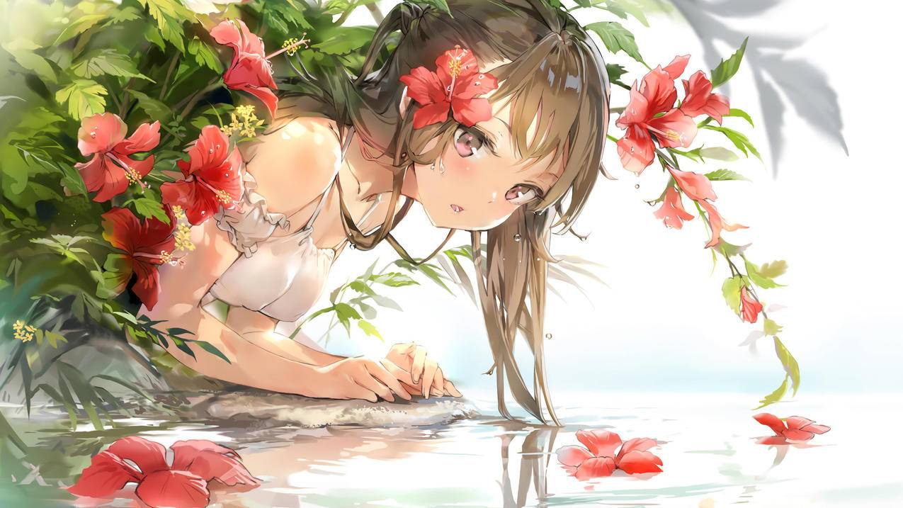 花,植被,女孩,湖水,4K高清动漫壁纸