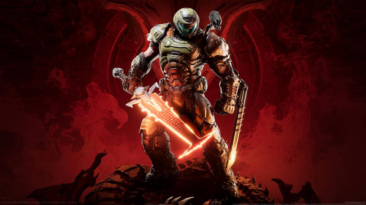 《毁灭战士永恒Doom,Eternal》激光剑,红色背景,4K高清游戏壁纸
