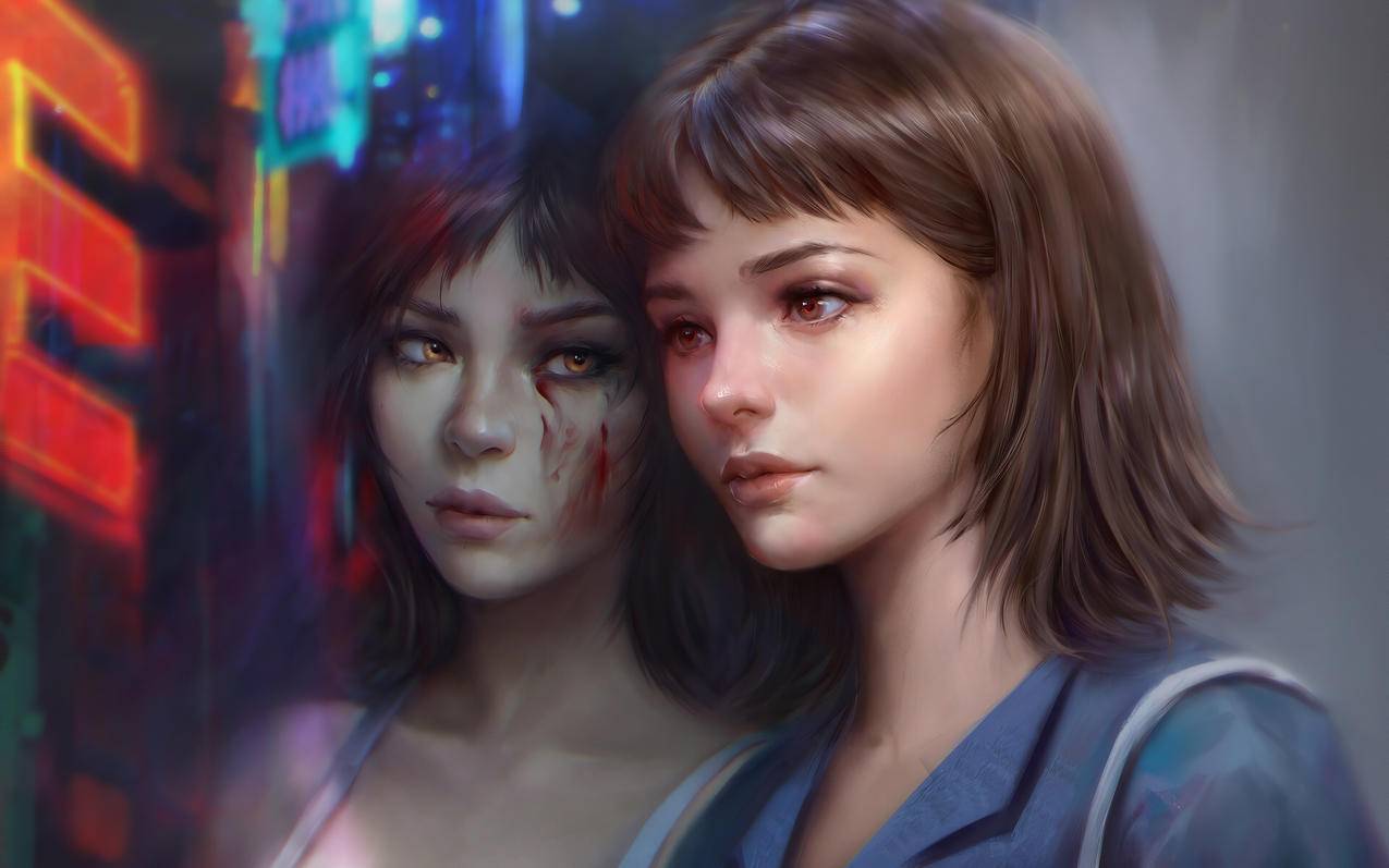 女孩,夜晚,倒影,4K高清动漫壁纸