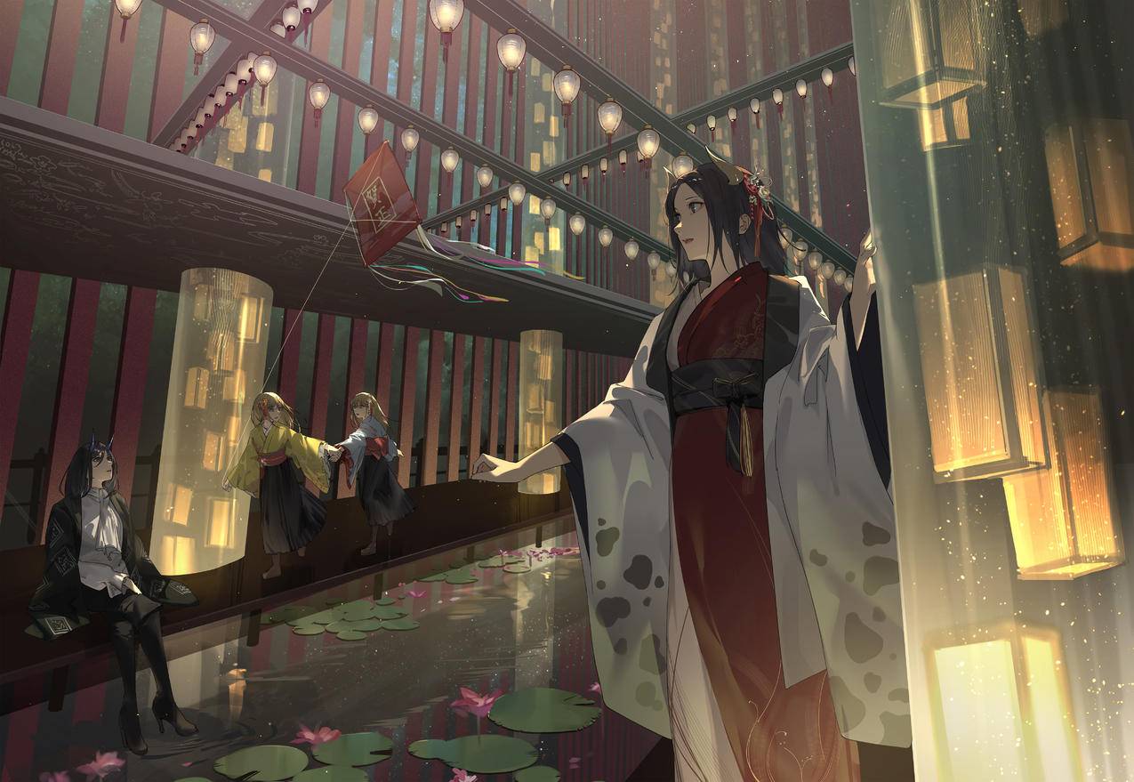 风筝,池塘,荷花荷叶,夜晚,灯笼,孔明灯,女孩,和服,空中楼阁,4K高清动漫壁纸,4K高清壁纸