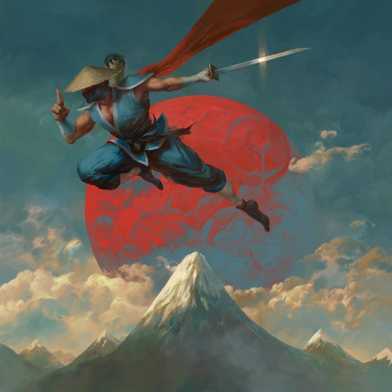 斗笠,武士,长剑,披风,山,云,4K高清动漫壁纸