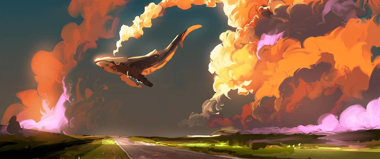 云中的鱼,唯美创意灵感插画3440x1440壁纸