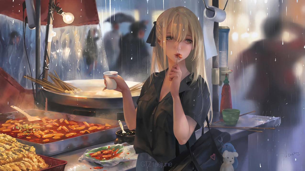 吃货女子,炒货,年糕,撸串,饮料,4K动漫壁纸