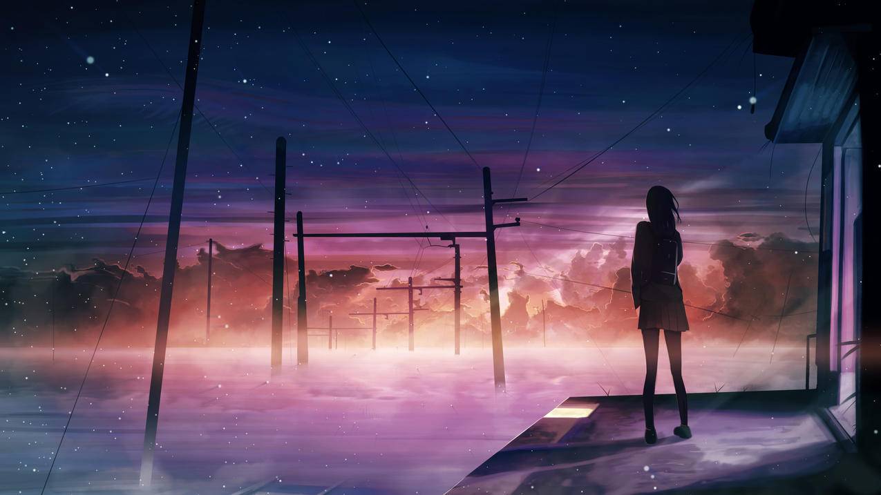 夕阳,电线杆,异世界,星空,女生,4K动漫壁纸