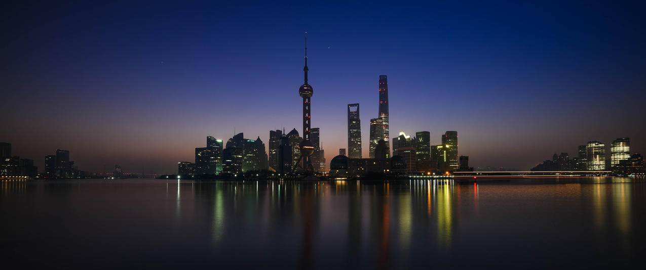 上海黄浦江日出风景3440x1440壁纸