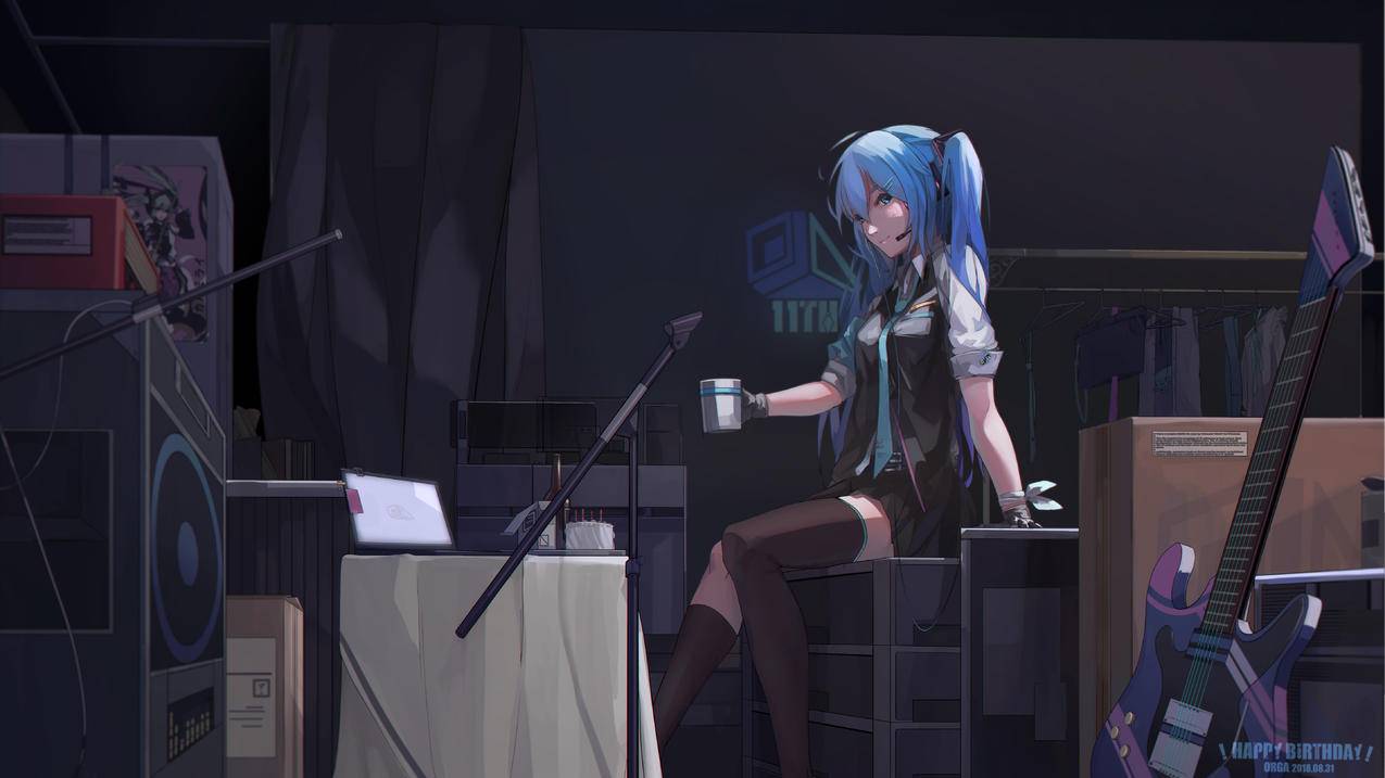 初音未来,吉他,蛋糕,水杯,4K高清动漫壁纸