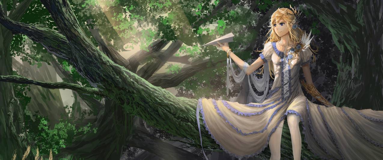 一个女孩,纸飞机,森林,大树,3440x1440壁纸