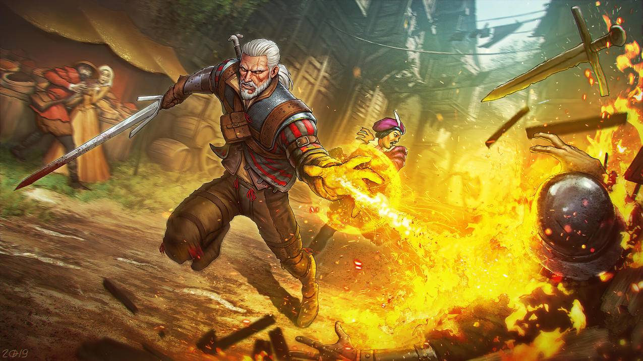 《巫师3-The,Witcher3》激战,白发男人,火,4K高清壁纸