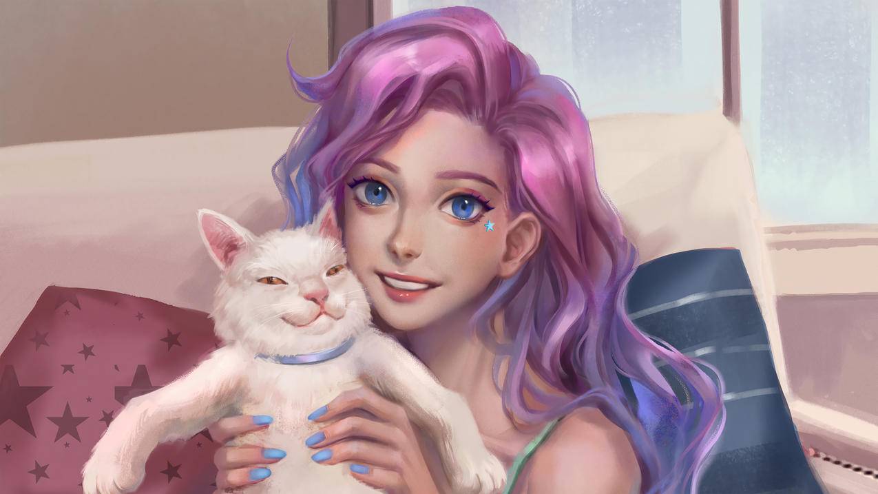 《LOL英雄联盟》KDA,The,Baddest,萨勒芬妮和猫,4k超清壁纸