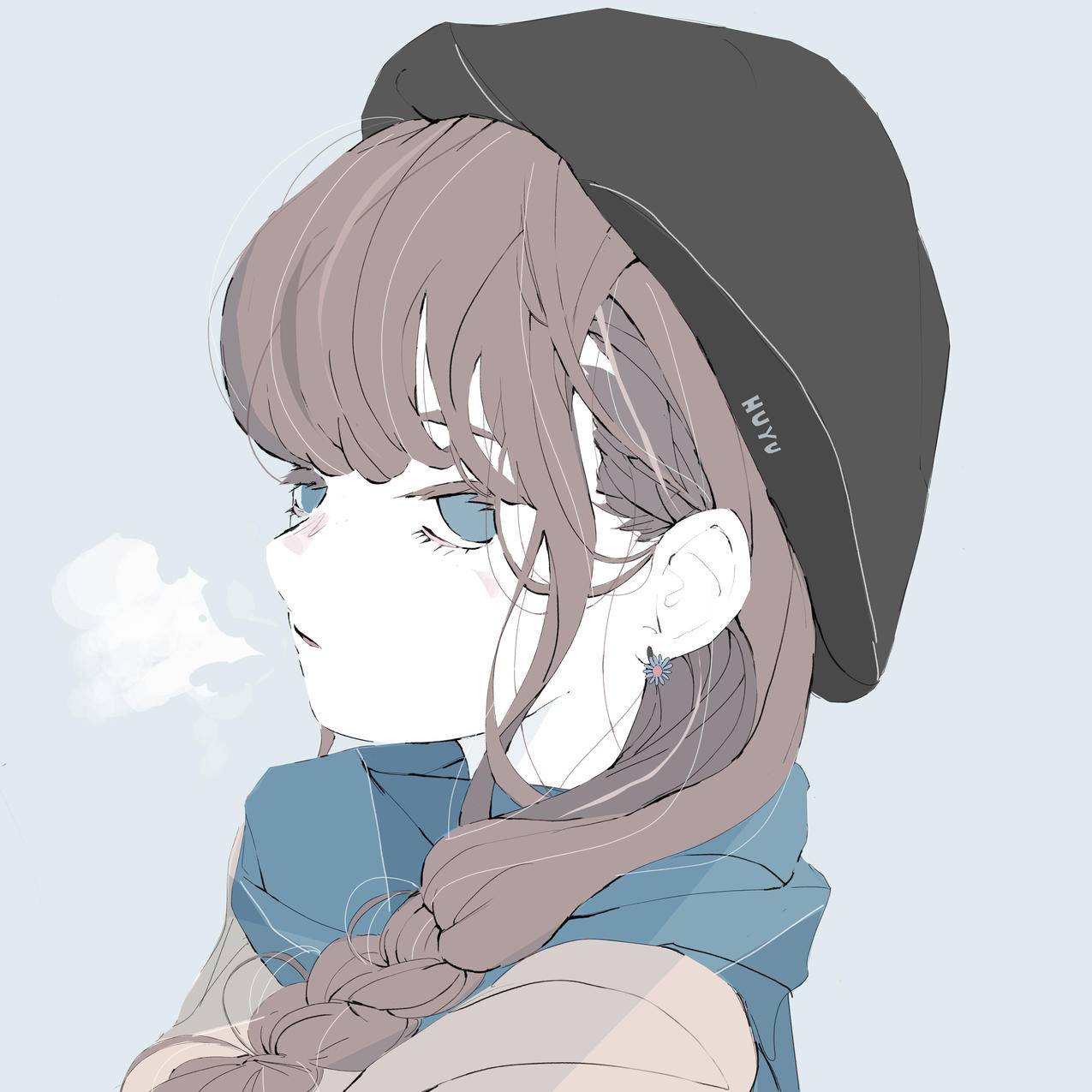 贝雷帽,女孩,蓝围巾,可爱,简约,4K高清动漫壁纸