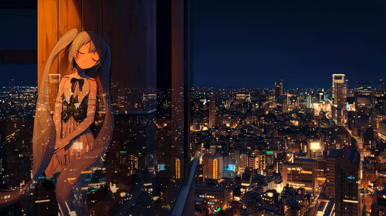 初音未来,夜晚,城市,灯光,4K高清动漫壁纸