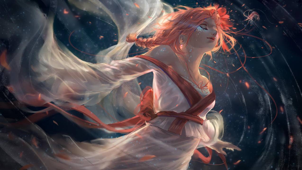 幻想女孩,和服,红头发,唯美艺术4K高清动漫壁纸