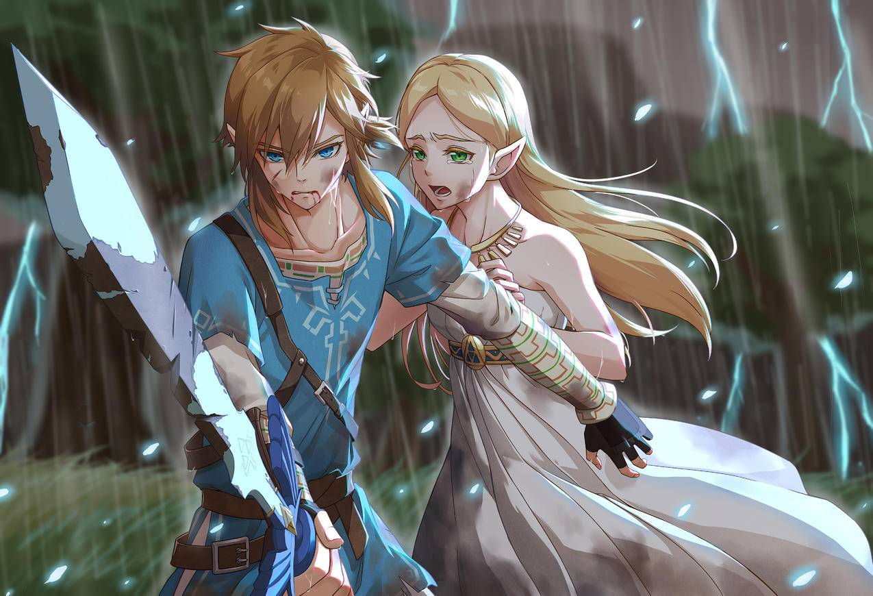《塞尔达传说The,Legend,of,Zelda》雷电,花瓣,长剑,长发女孩,男孩,4K超清游戏电脑图片