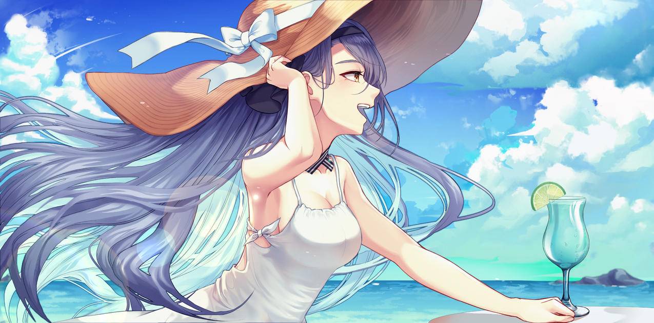海边,女孩,白色泳衣,青柠,杯子,帽子,4K高清动漫壁纸
