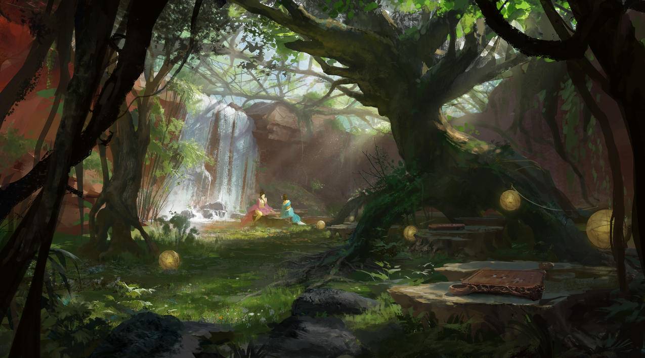 森林小溪,两个女孩,动漫风景,4k高清壁纸