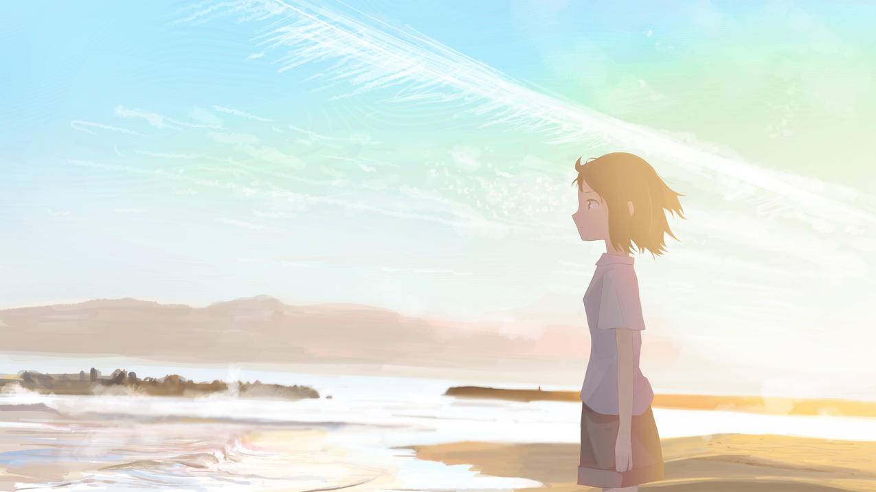 街的对面,海边可爱女生插画风景,4k高清壁纸