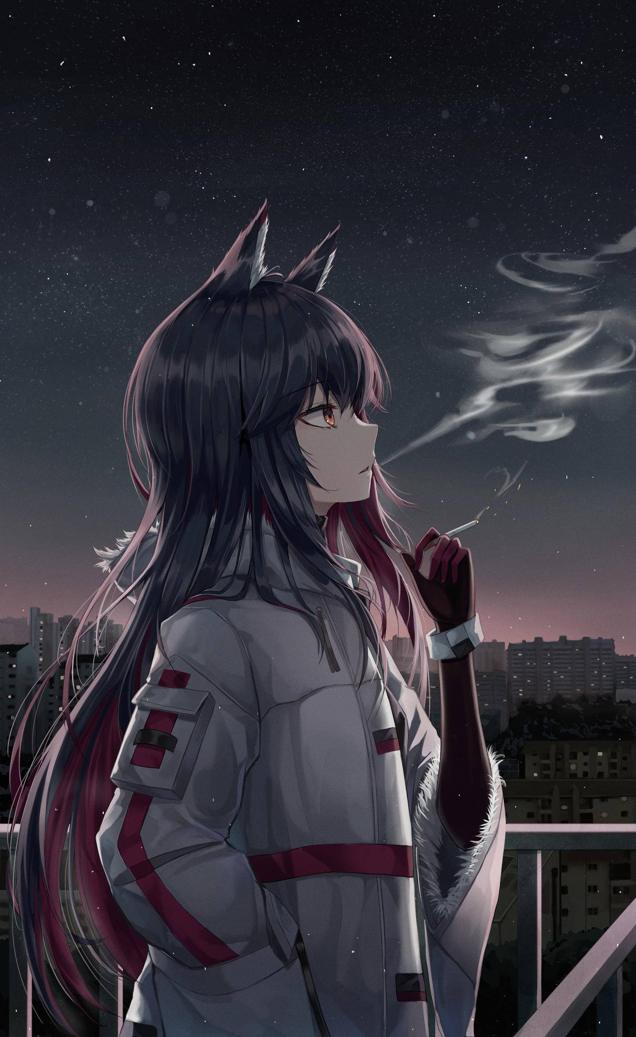 《明日方舟》夜晚,城市,兽耳,吸烟,4K高清动漫壁纸