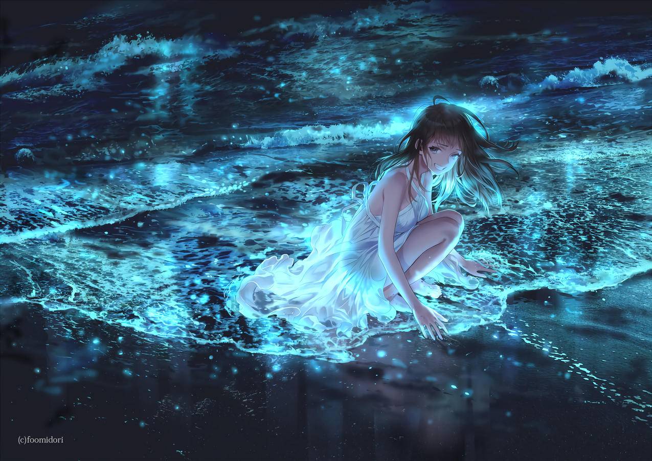 女孩,蹲着,海岸,海滩,蓝荧光,发光海浪,风,夜晚,4K动漫壁纸