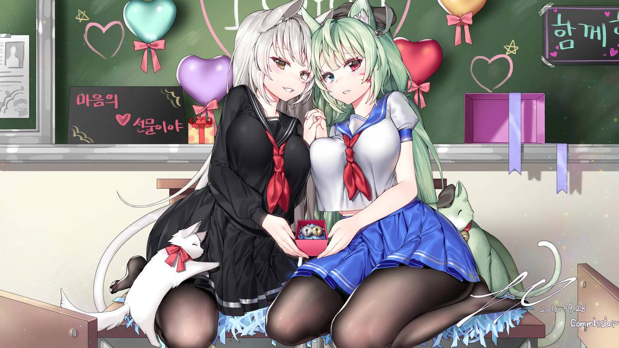 2个少女裤袜裙子,教师,黑板,4K动漫高清壁纸