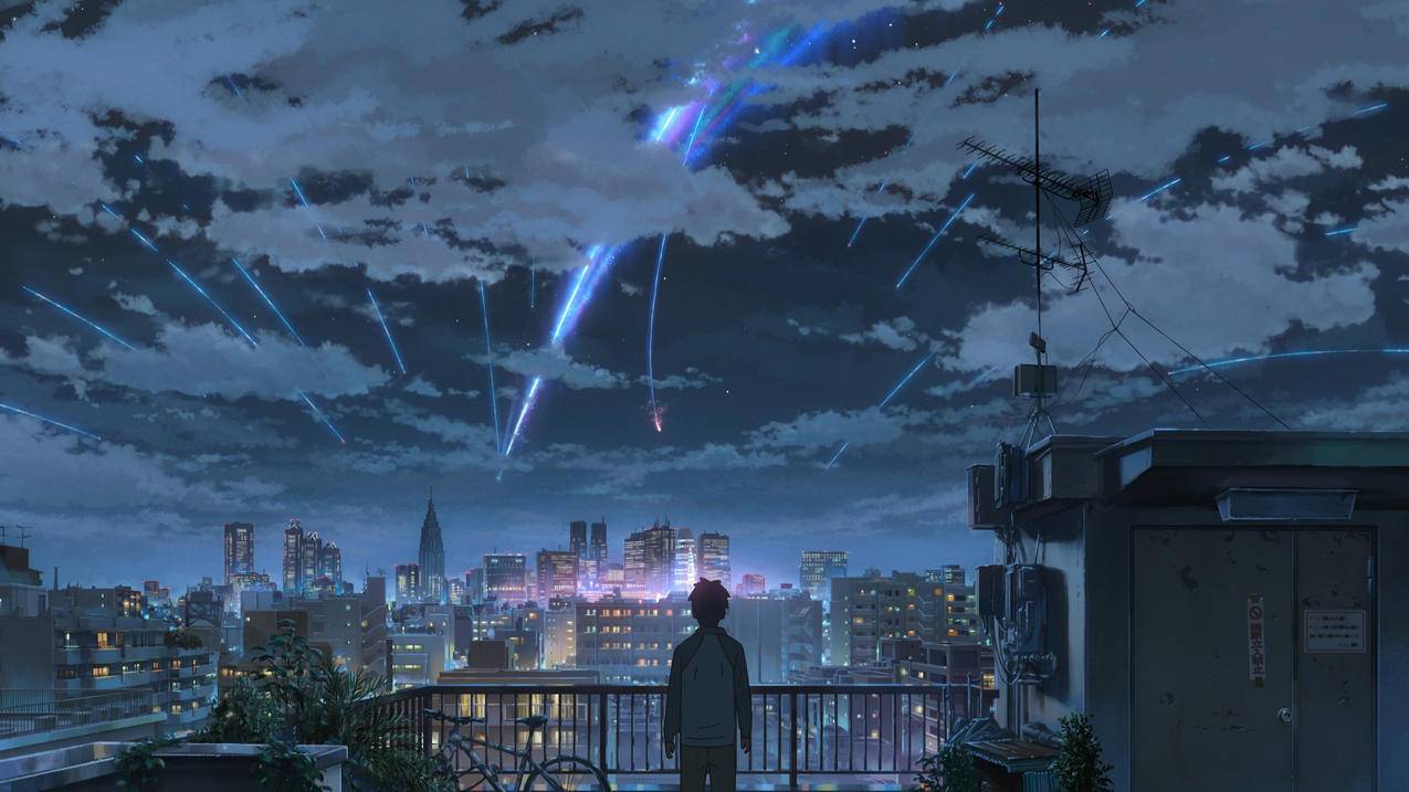 《你的名字》屋顶,天空,夜晚,城市,4K动漫壁纸