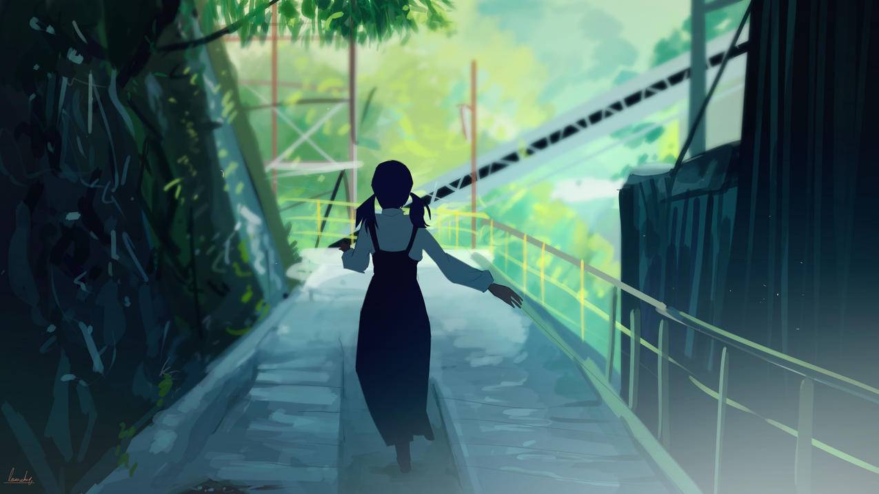 走道,护栏,少女背影插画背景,4K高清动漫壁纸