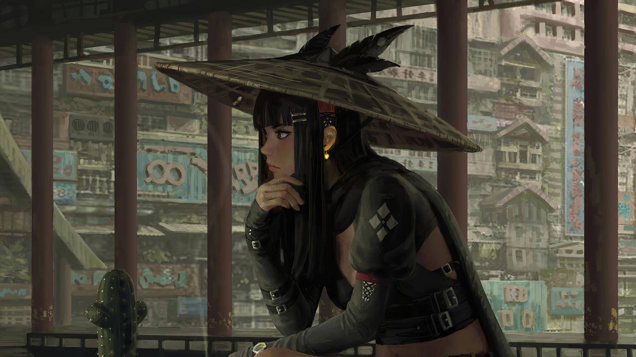 GUWEIZ,女孩,斗笠,黑衣,4K高清动漫壁纸