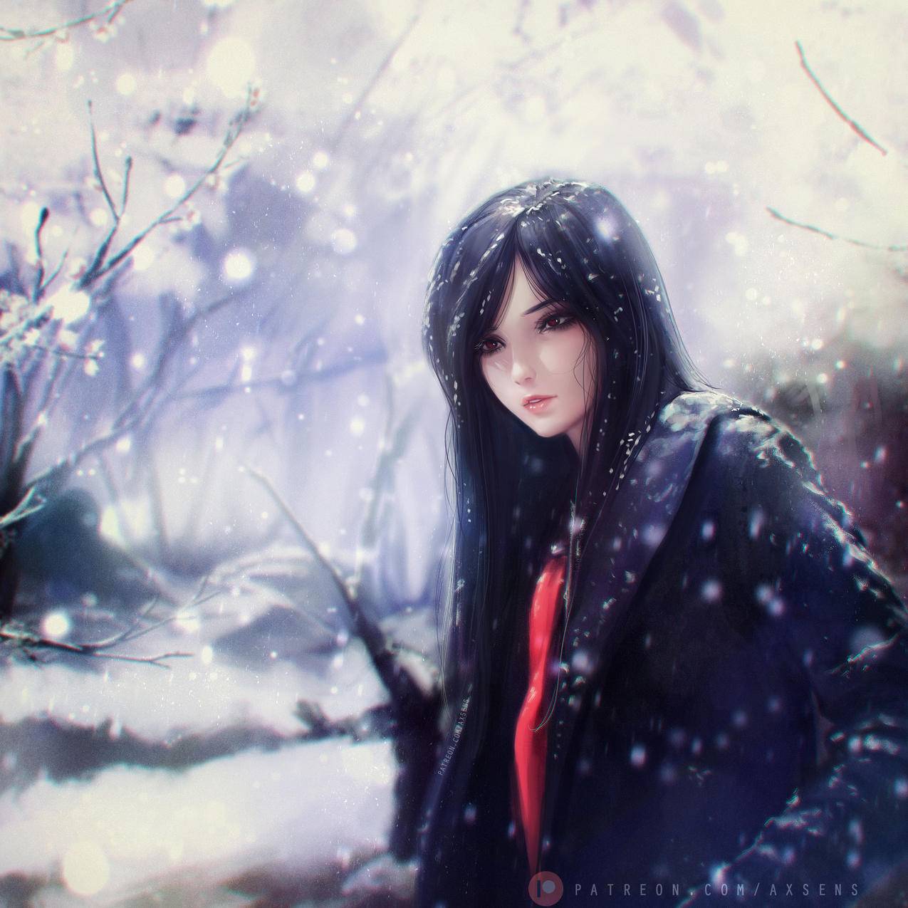 降雪,长发女孩,唯美,4K动漫壁纸