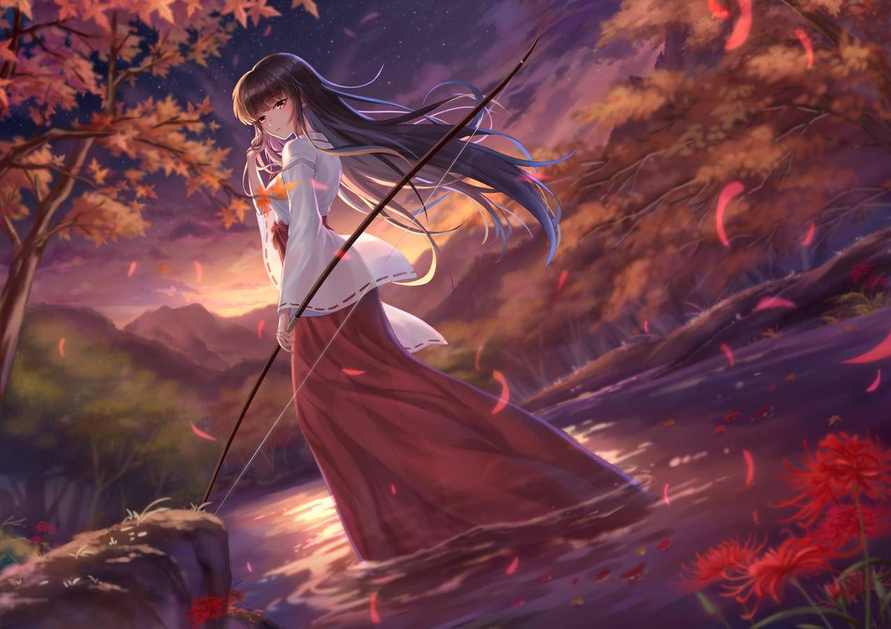 《犬夜叉》吉梗,弓箭,夕阳,彼岸花,枫叶,溪水,4K高清动漫壁纸