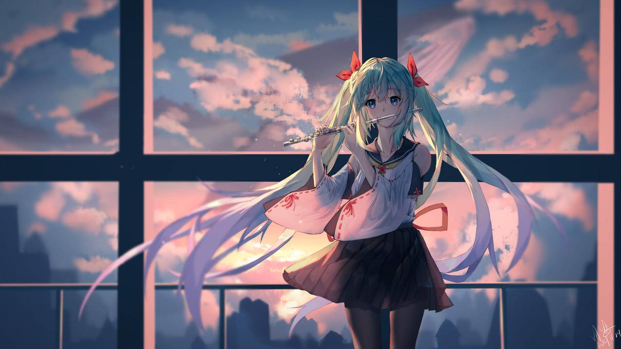 初音未来,黑裤袜,笛子,4K动漫壁纸
