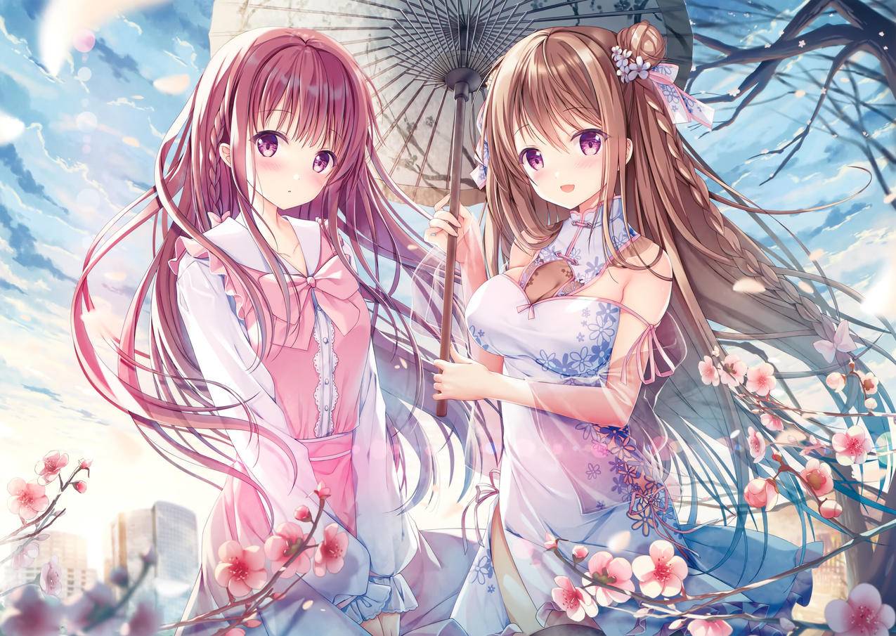 两个女孩旗袍,粉色裙子,4k动漫壁纸