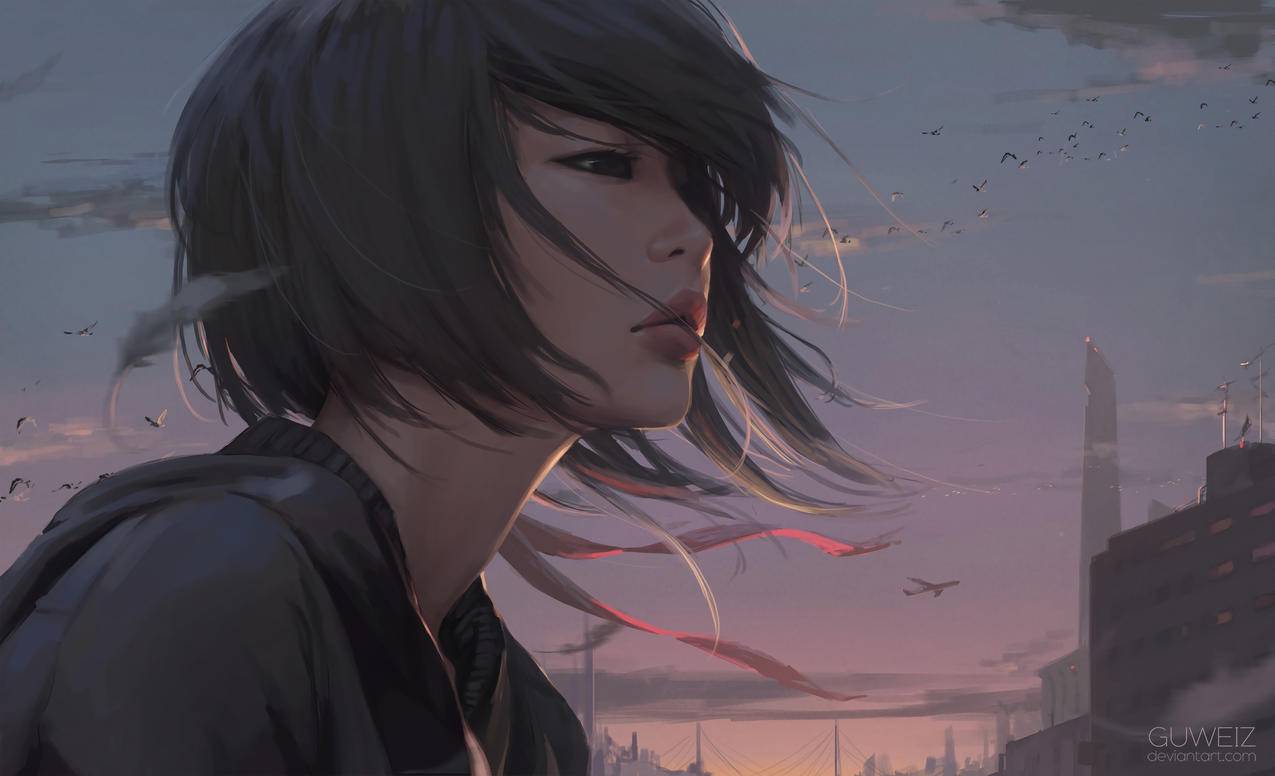 短发女孩,心情,风,鸟,城市,唯美艺术插画,4K动漫壁纸