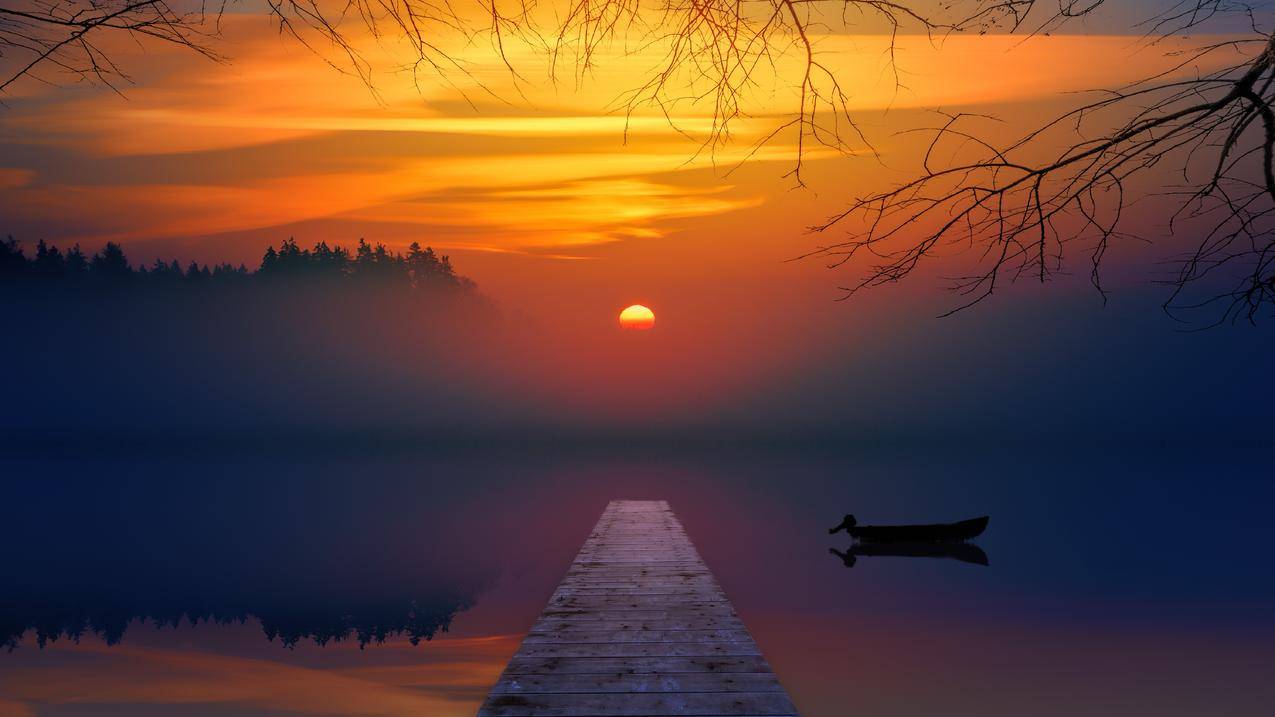 日落,夕阳,湖水,船,码头,树木,5k风景高清壁纸