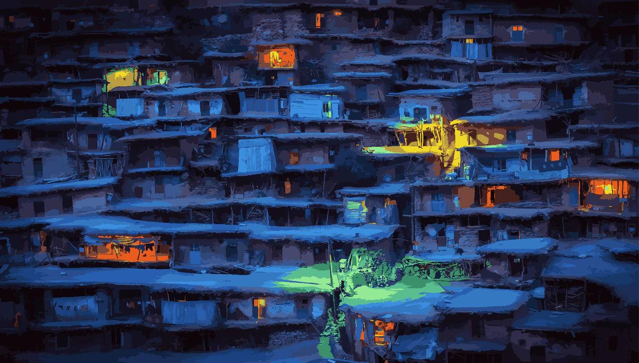房子,村,灯光,手续插画,4k动漫风景壁纸