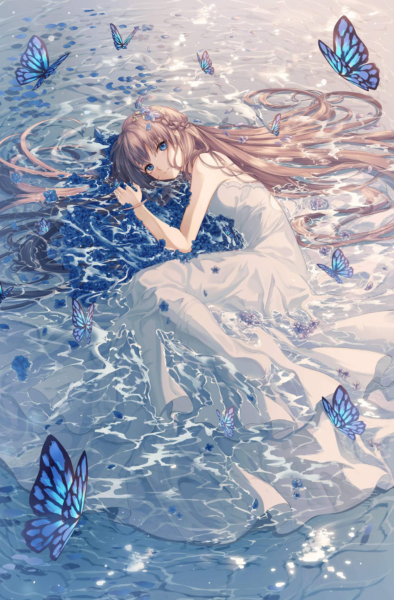 蝴蝶,女孩,白裙,水,蓝花,4K唯美动漫壁纸