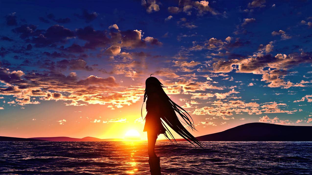 黄昏海边少女,4k动漫高清壁纸